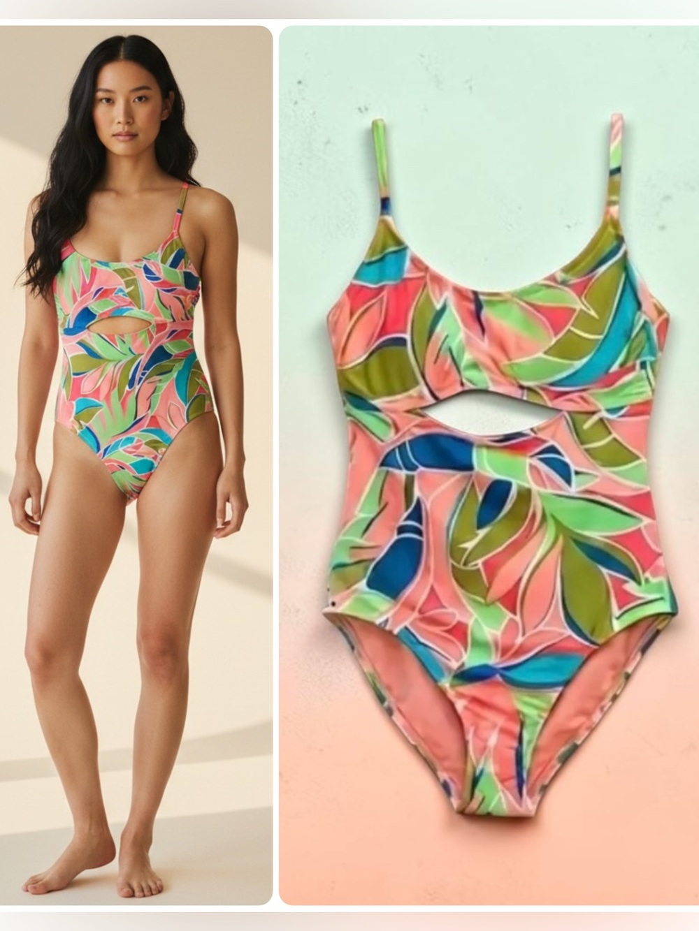 Hurley Tropical Leaf Padded Cutout One-Piece Bikini Swimsuit NWT $110